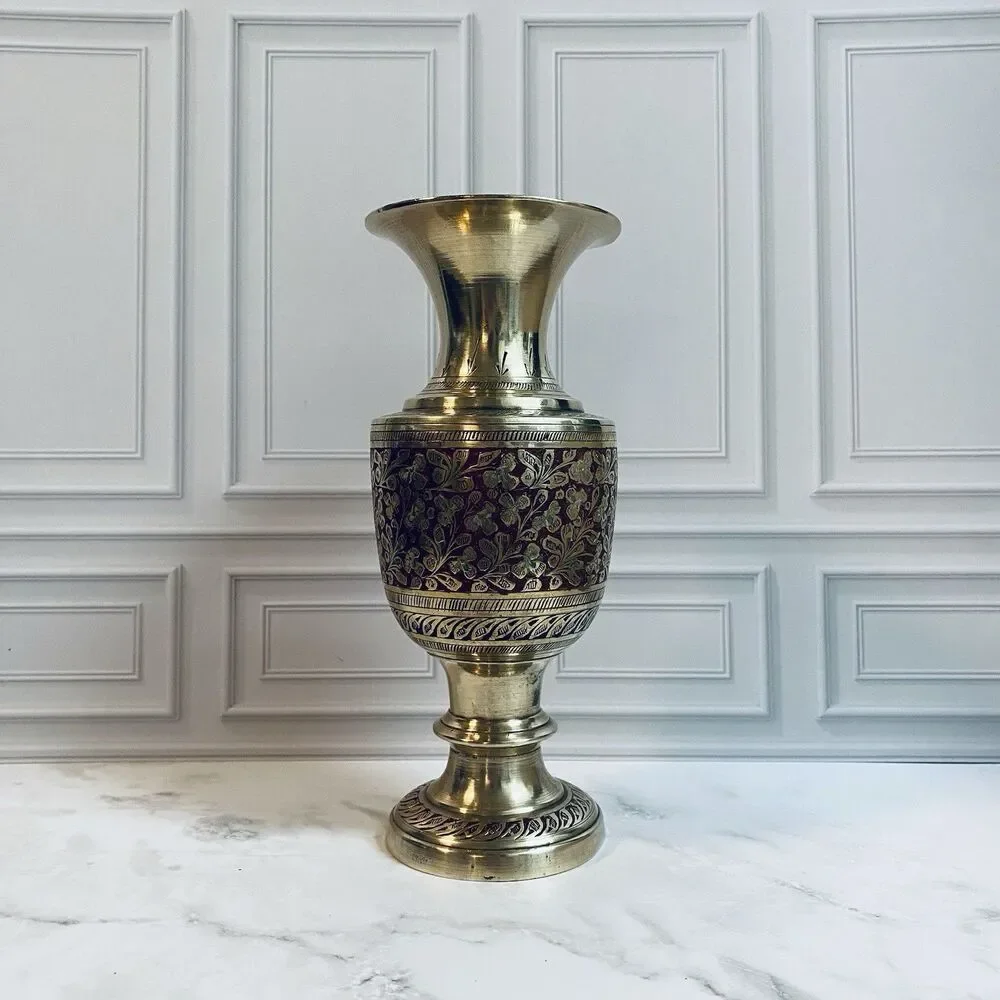 Vintage Brass Pedestal Etched Floral Footed Vase 7”